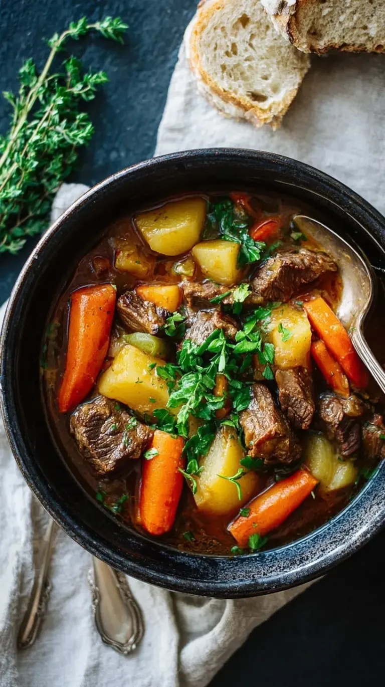 A steaming bowl of traditional Irish Lamb Stew with tender lamb, carrots, potatoes, and fresh parsley garnish.