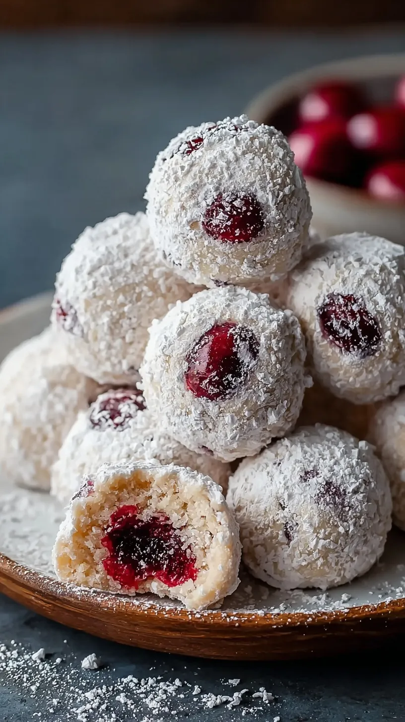 A pile of white powdered Cherry Snowball Cookies on a festive plate