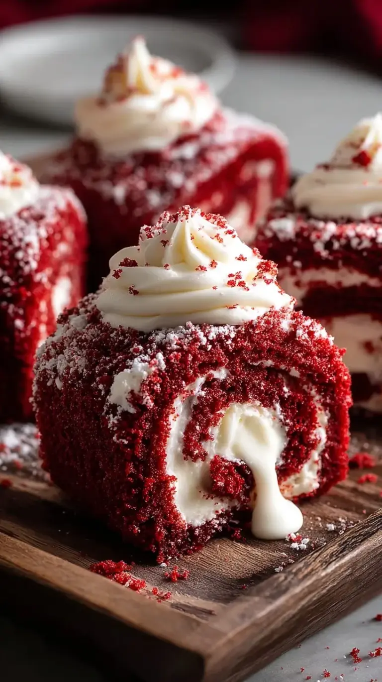 A tray of vibrant red velvet cinnamon rolls topped with thick white cream cheese frosting