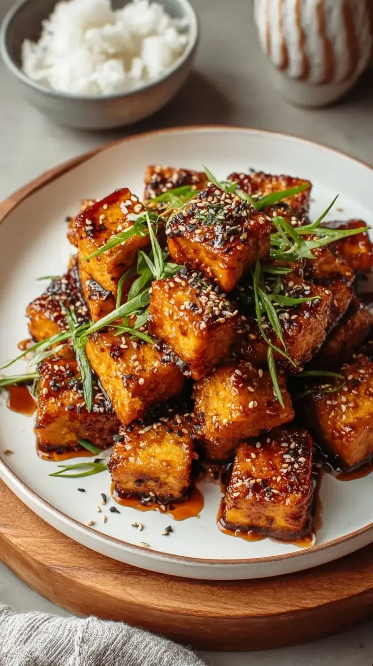 Golden brown crispy honey garlic tofu cubes in a glossy sauce garnished with green onions and sesame seeds