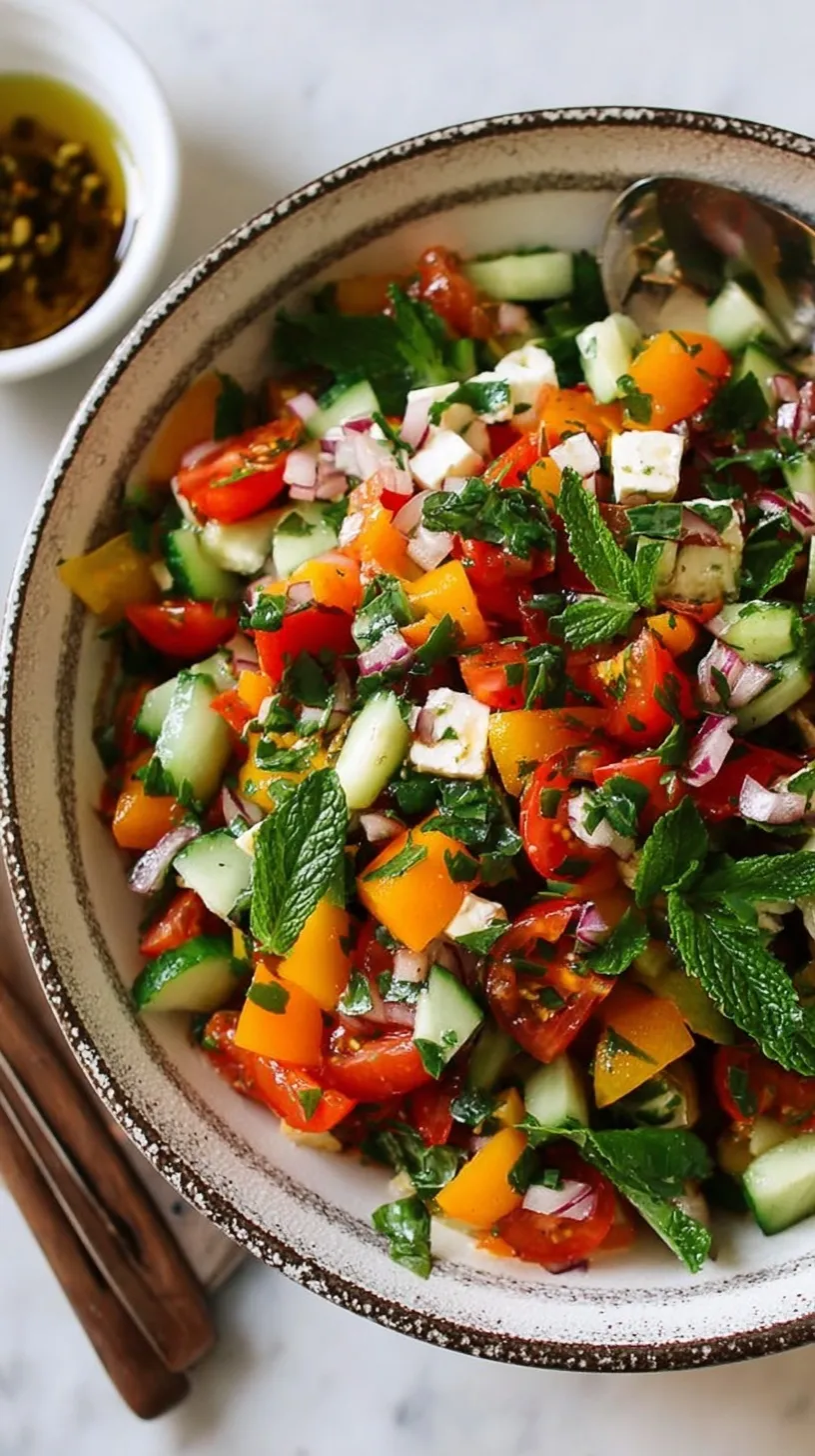 A close-up of a vibrant Israeli Salad in a white bowl, featuring finely diced cucumbers, tomatoes, bell peppers, and fresh herbs.
