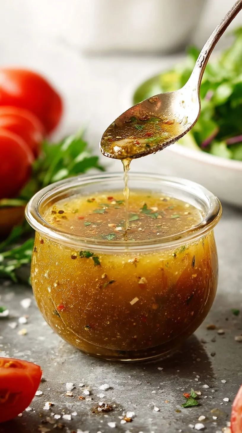 A glass jar filled with golden homemade Italian dressing, garnished with fresh herbs, ready for a salad.