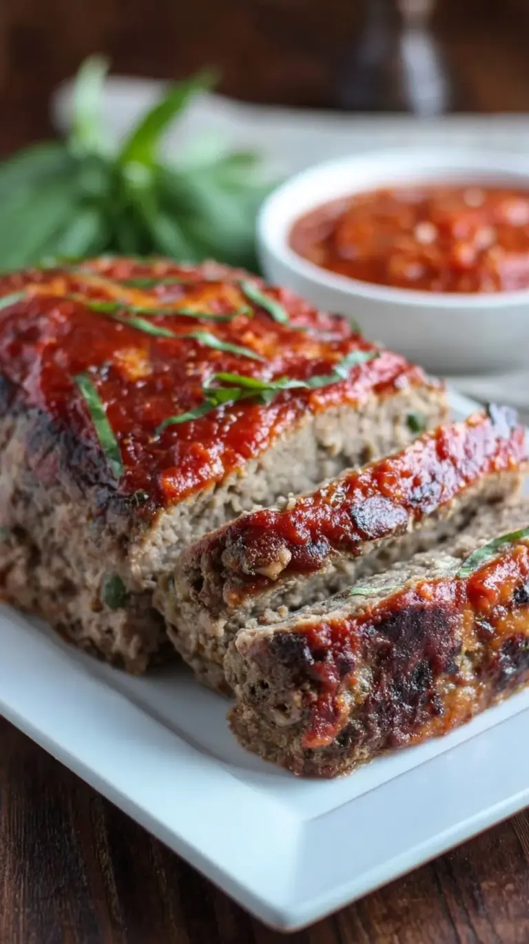 A golden-brown Italian Meatloaf with Marinara Parmesan Crust, garnished with fresh parsley, highlighting its gluten-free and paleo nature.