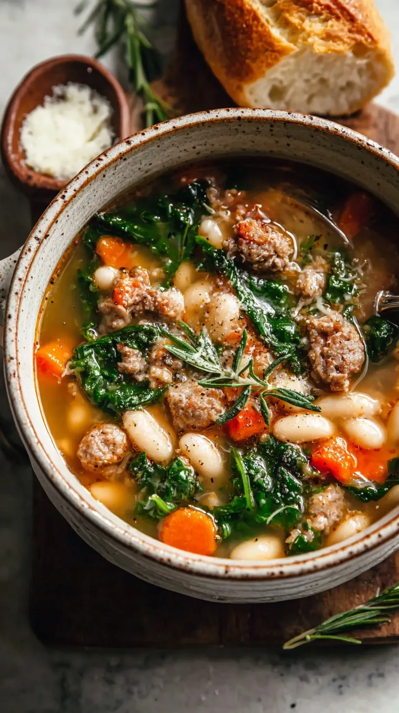 A steaming bowl of Italian sausage white bean soup with fresh spinach and Parmesan cheese