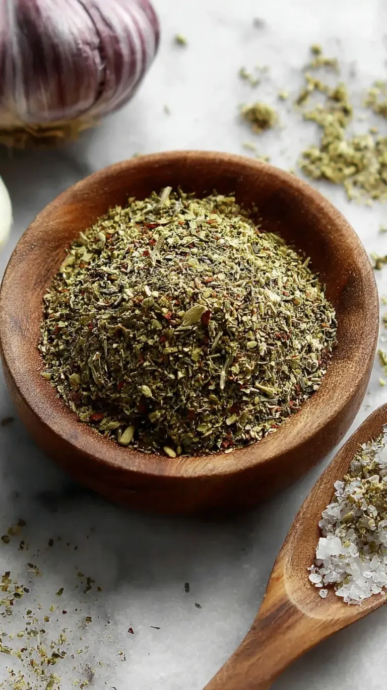 A close-up of a small glass jar filled with homemade Italian seasoning, with dried herbs scattered around.