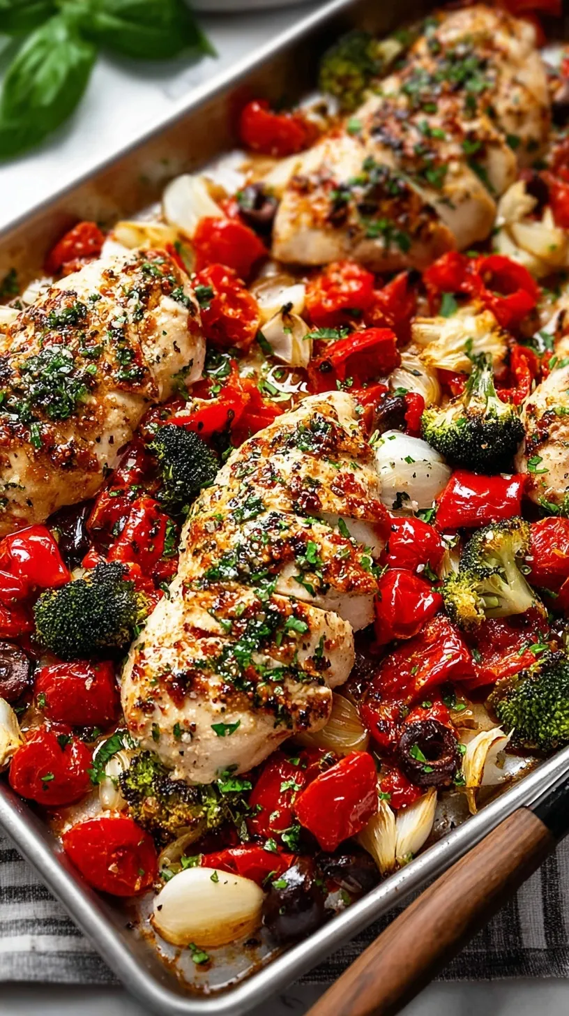 A close-up of golden-brown Italian Sheet Pan Chicken Breast with colorful roasted bell peppers, zucchini, and cherry tomatoes.