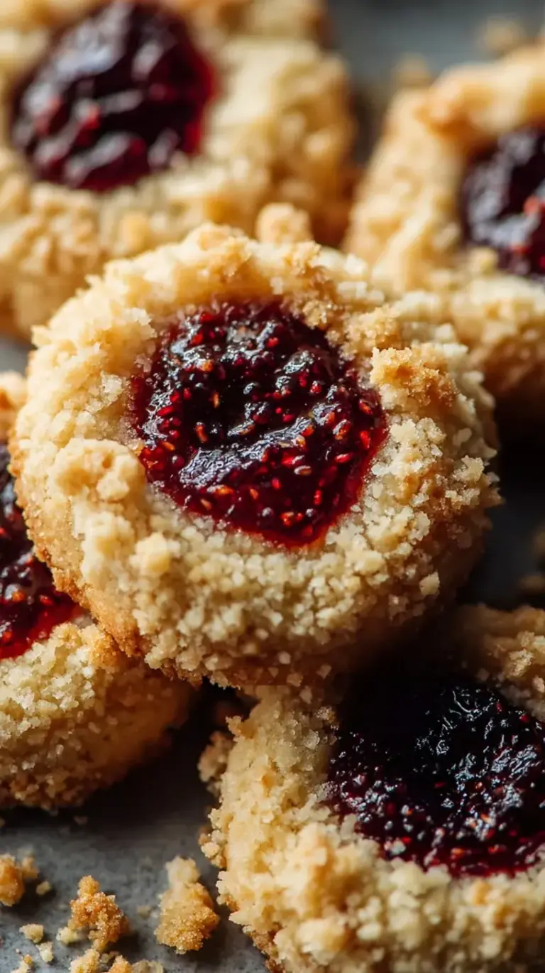 A tray of golden brown jam thumbprint cookies filled with red and purple fruit preserves on a wire cooling rack.