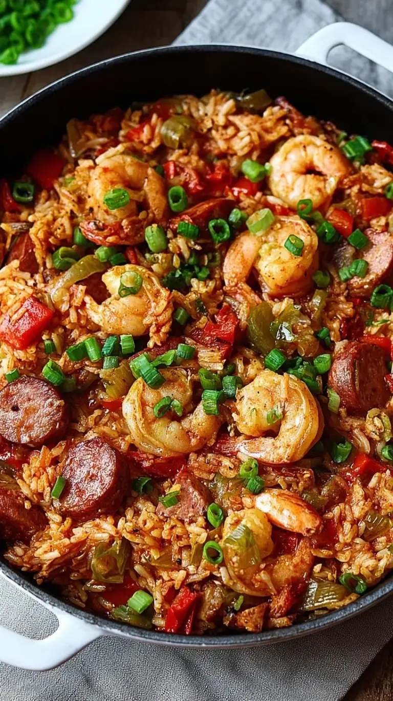 A vibrant, steaming pot of authentic Cajun Jambalaya with chicken, sausage, and shrimp, garnished with fresh parsley.