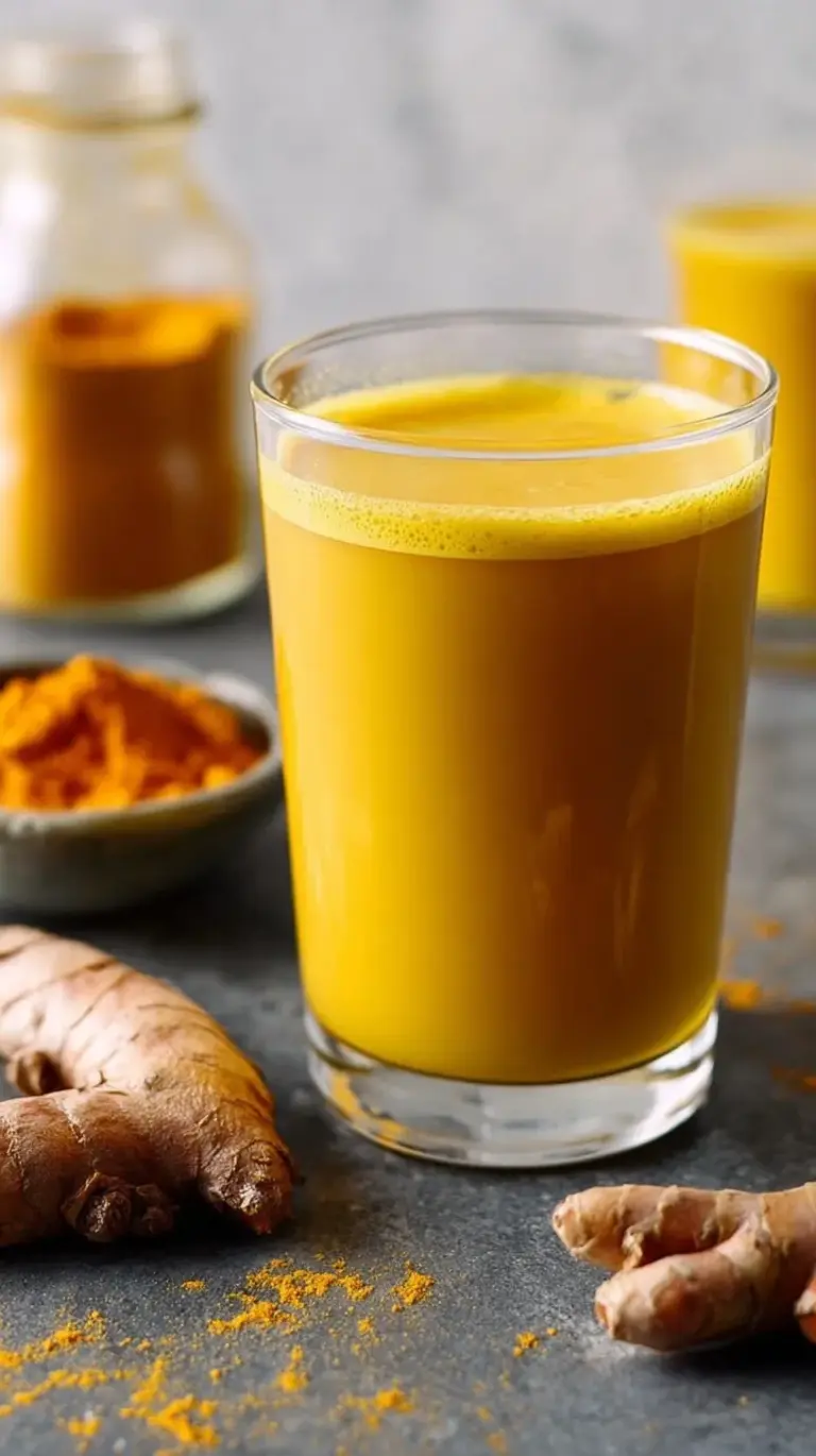 A golden glass of Jamu Juice (Turmeric Ginger Drink) with fresh turmeric and ginger roots beside it.
