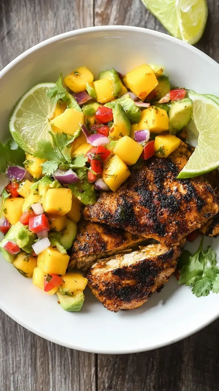Grilled jerk chicken thighs topped with colorful mango and avocado salsa on a white platter
