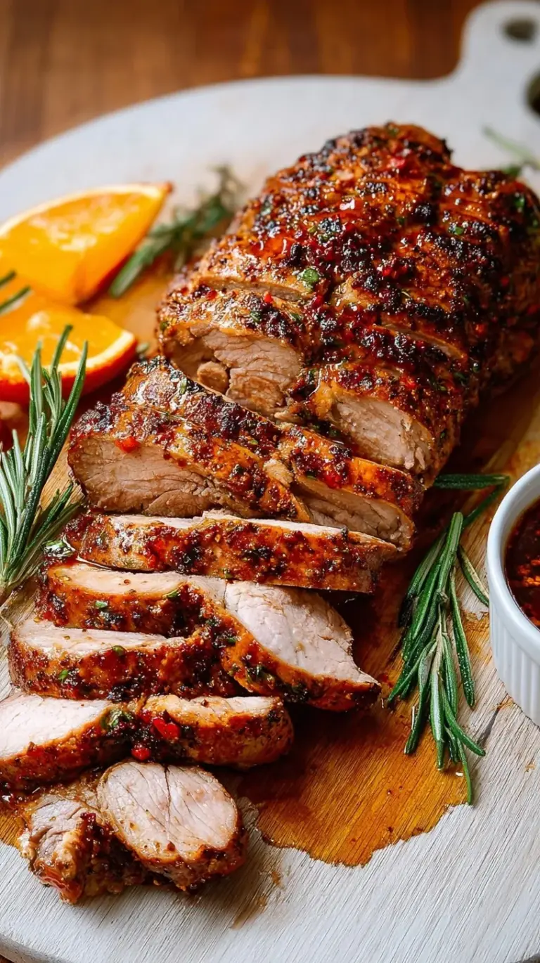 Sliced juicy pork tenderloin roast on a wooden cutting board with fresh herbs