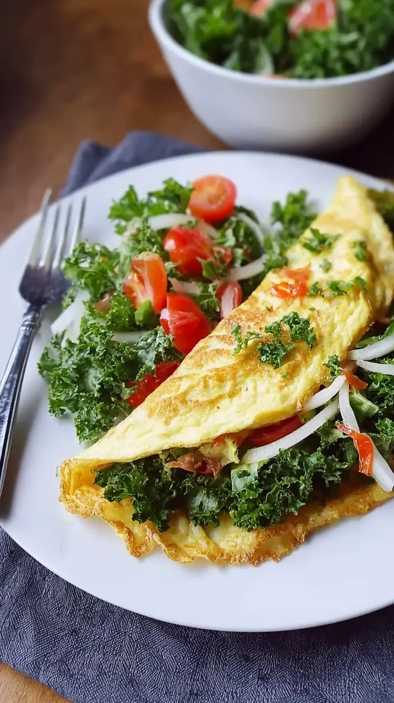 A fluffy yellow omelet folded over massaged kale salad and crumbled goat cheese on a white plate.