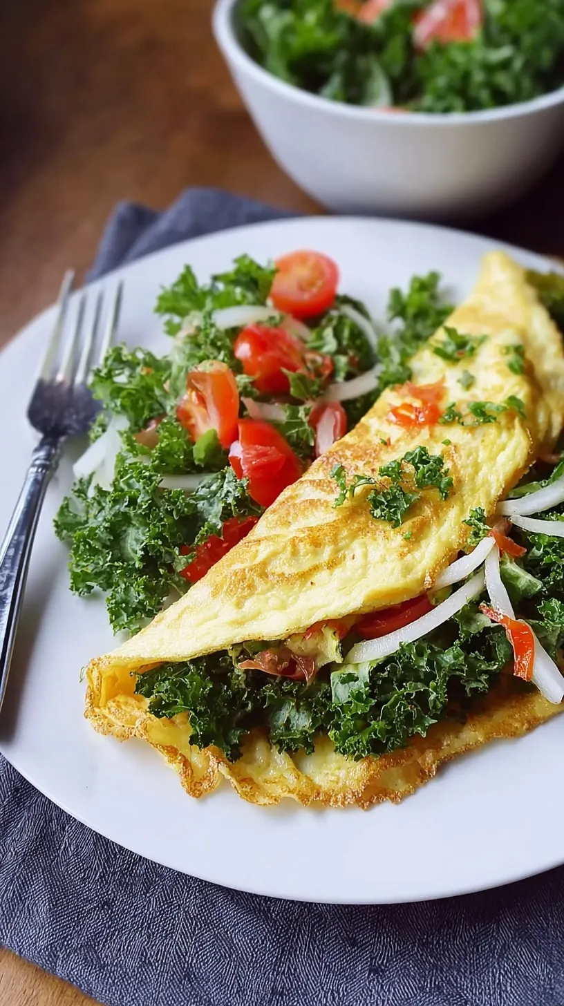A fluffy yellow omelet folded over massaged kale salad and crumbled goat cheese on a white plate.