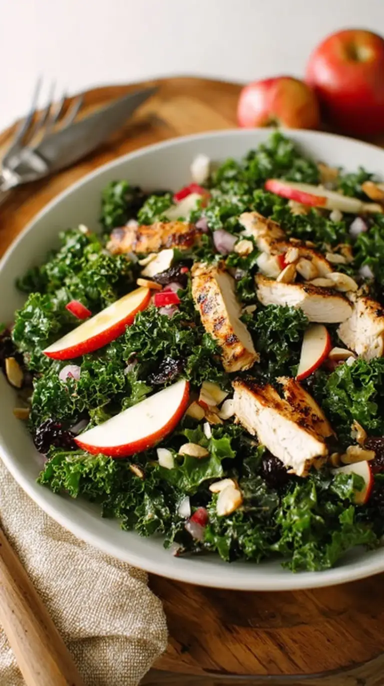 A fresh kale salad with sliced apples, grilled chicken, and feta cheese in a white bowl.