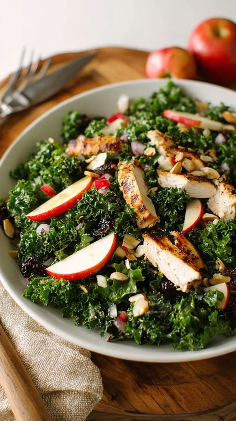 A fresh kale salad with sliced apples, grilled chicken, and feta cheese in a white bowl.