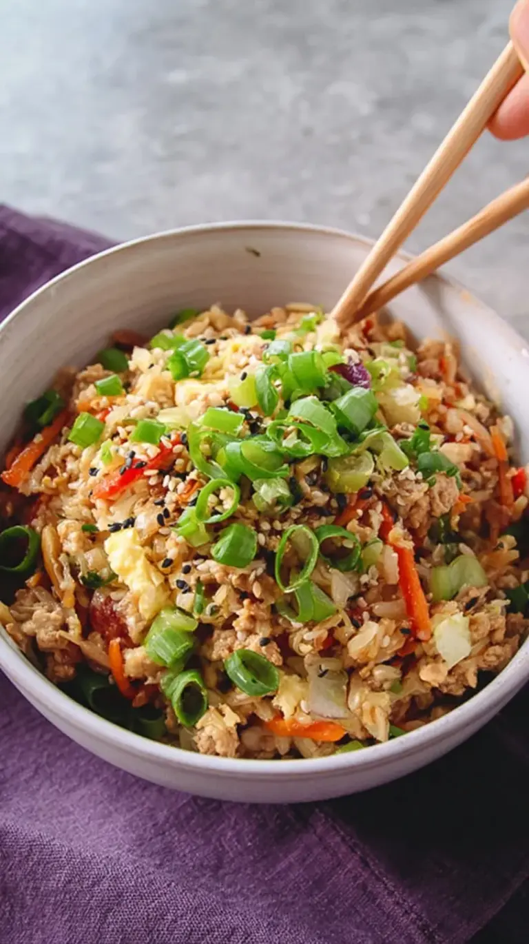 A white bowl filled with ground chicken and shredded cabbage egg roll in a bowl topped with sesame seeds and green onions.
