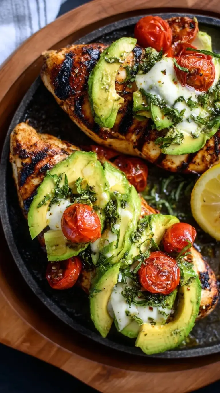 Grilled chicken topped with melted mozzarella and fresh avocado tomato salsa on a serving platter.