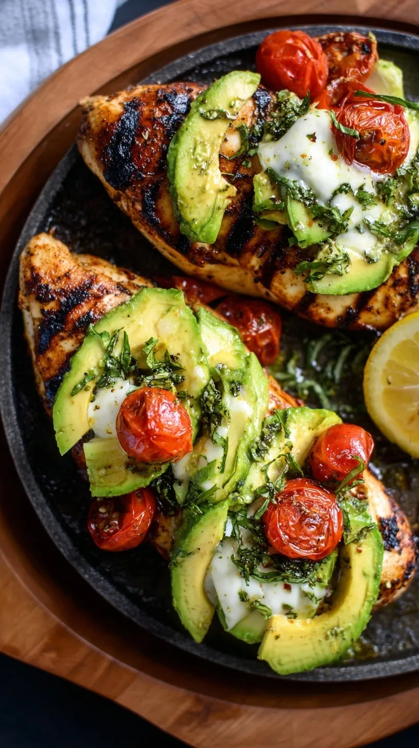 Grilled chicken topped with melted mozzarella and fresh avocado tomato salsa on a serving platter.