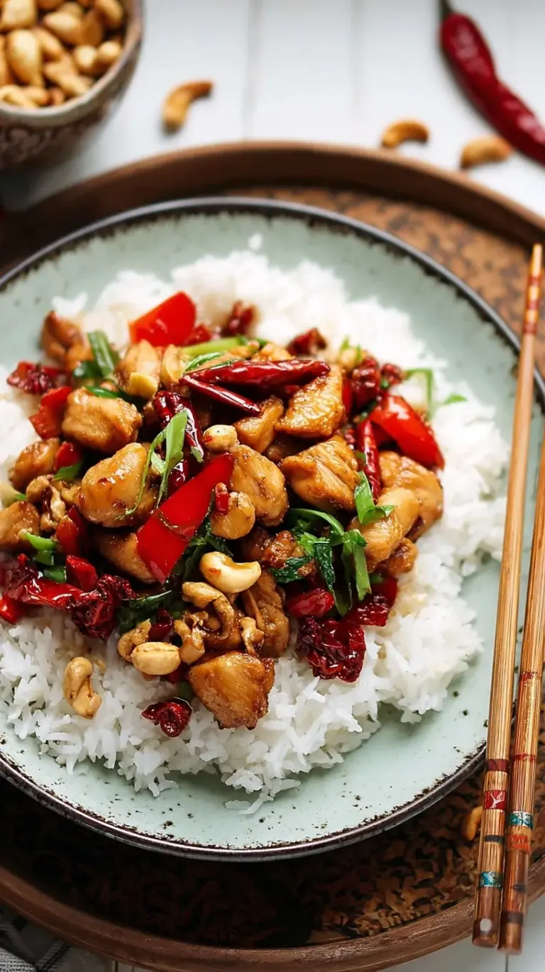 A vibrant plate of homemade Kung Pao Chicken with tender chicken, red chilies, peanuts, and green onions, served with rice.