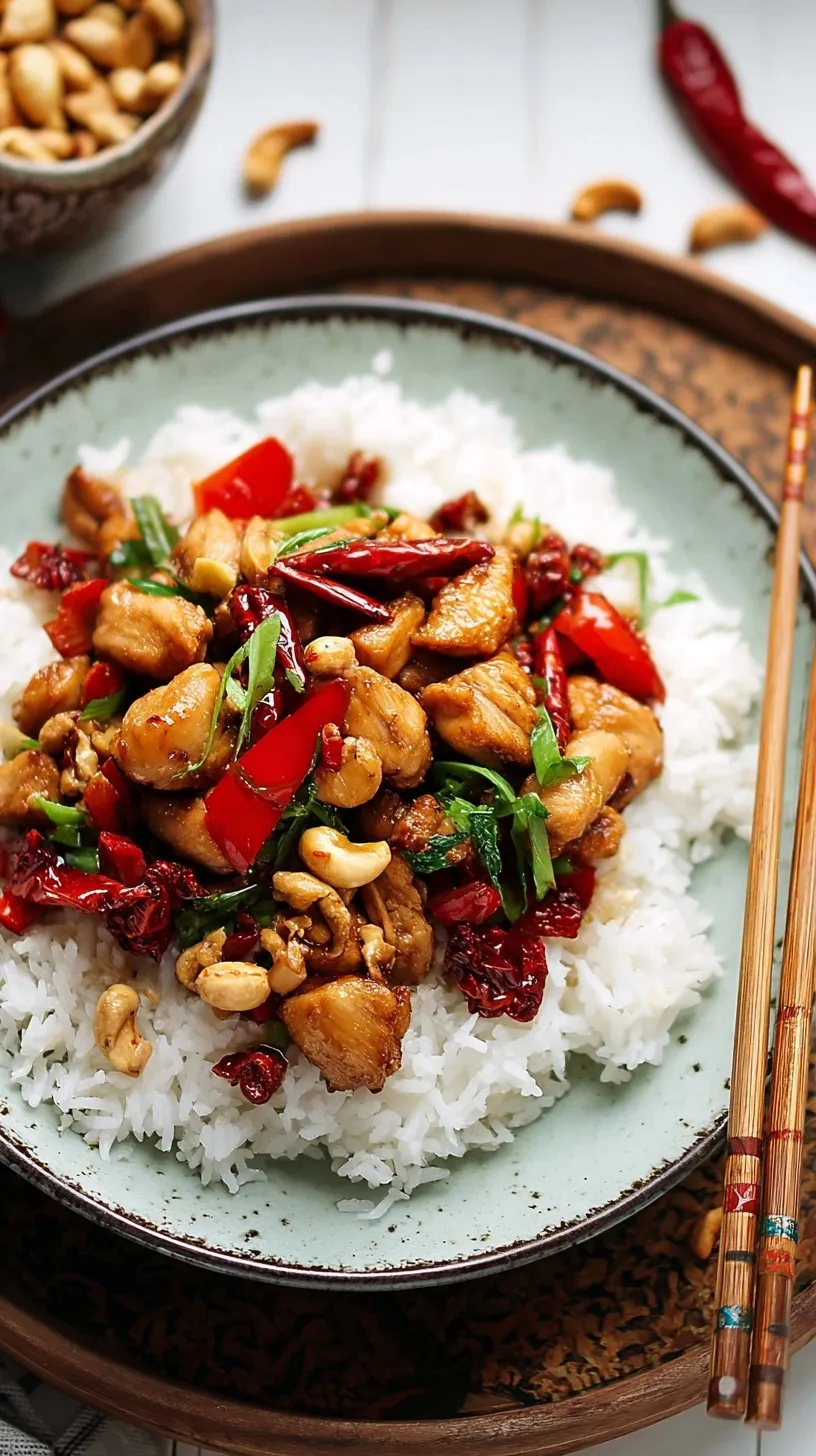 A vibrant plate of homemade Kung Pao Chicken with tender chicken, red chilies, peanuts, and green onions, served with rice.