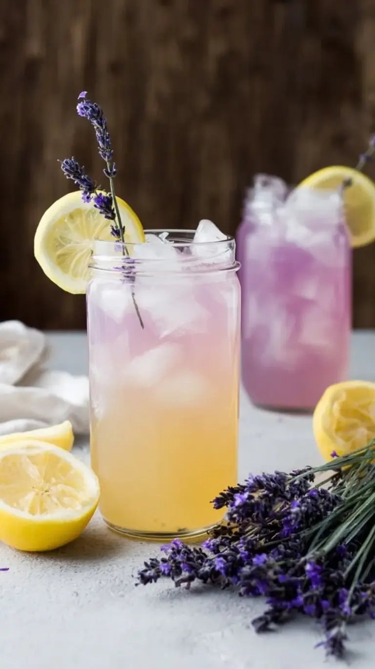 A tall glass of lavender lemonade with ice and a lemon slice on a sunny table.