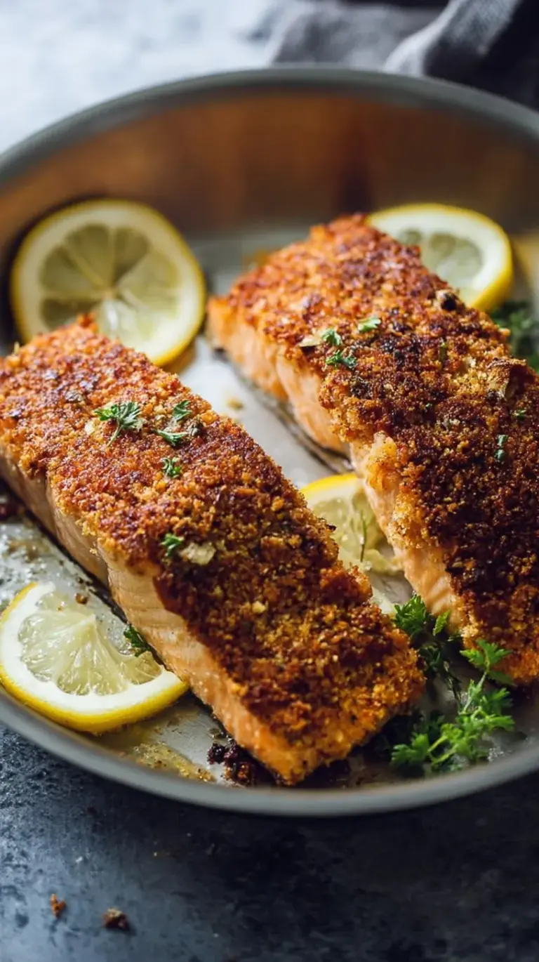 Baked salmon fillets topped with a golden almond and herb crust served with lemon wedges