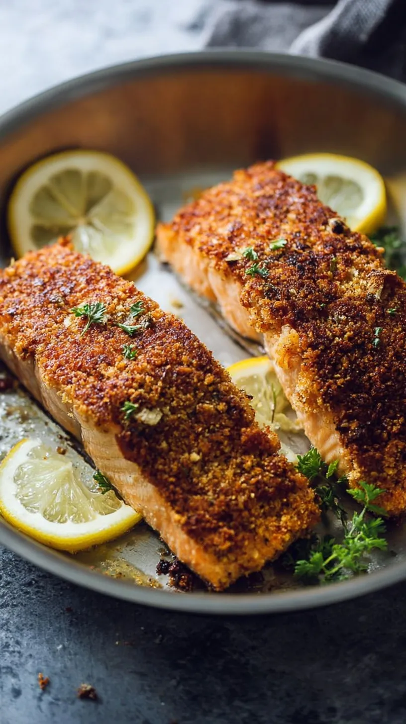Baked salmon fillets topped with a golden almond and herb crust served with lemon wedges