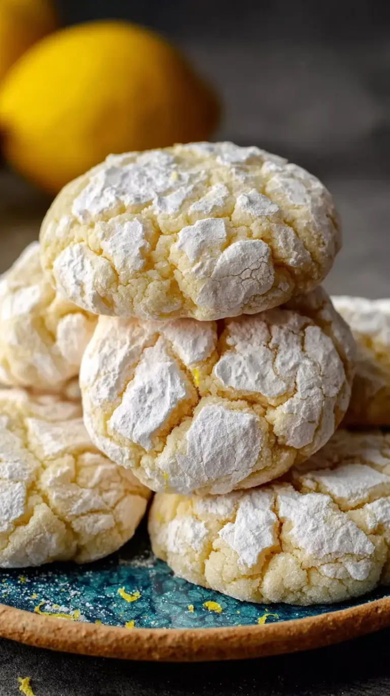 A plate of soft lemon crinkle cookies dusted with powdered sugar and showing beautiful cracks