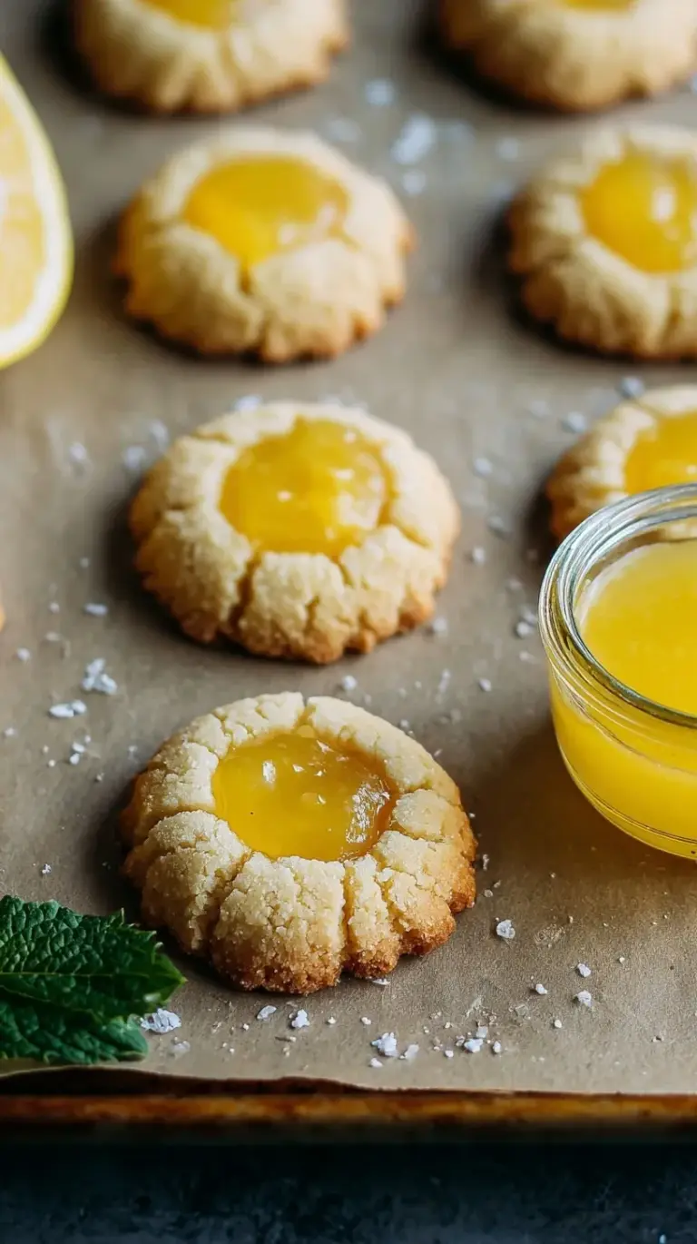 A close up shot of golden paleo thumbprint cookies filled with bright yellow lemon curd on a white plate.