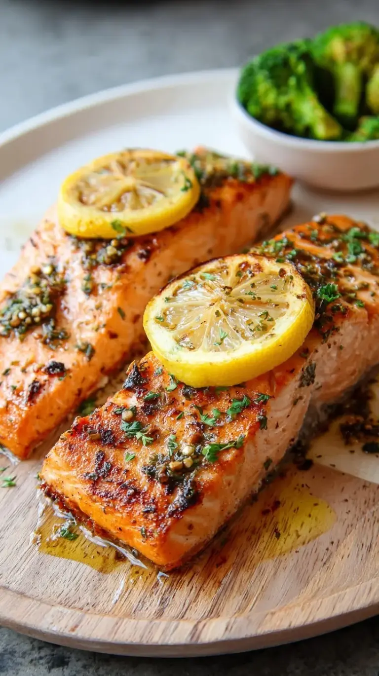 Flaky air fryer salmon fillets topped with fresh lemon slices and parsley on a white plate.