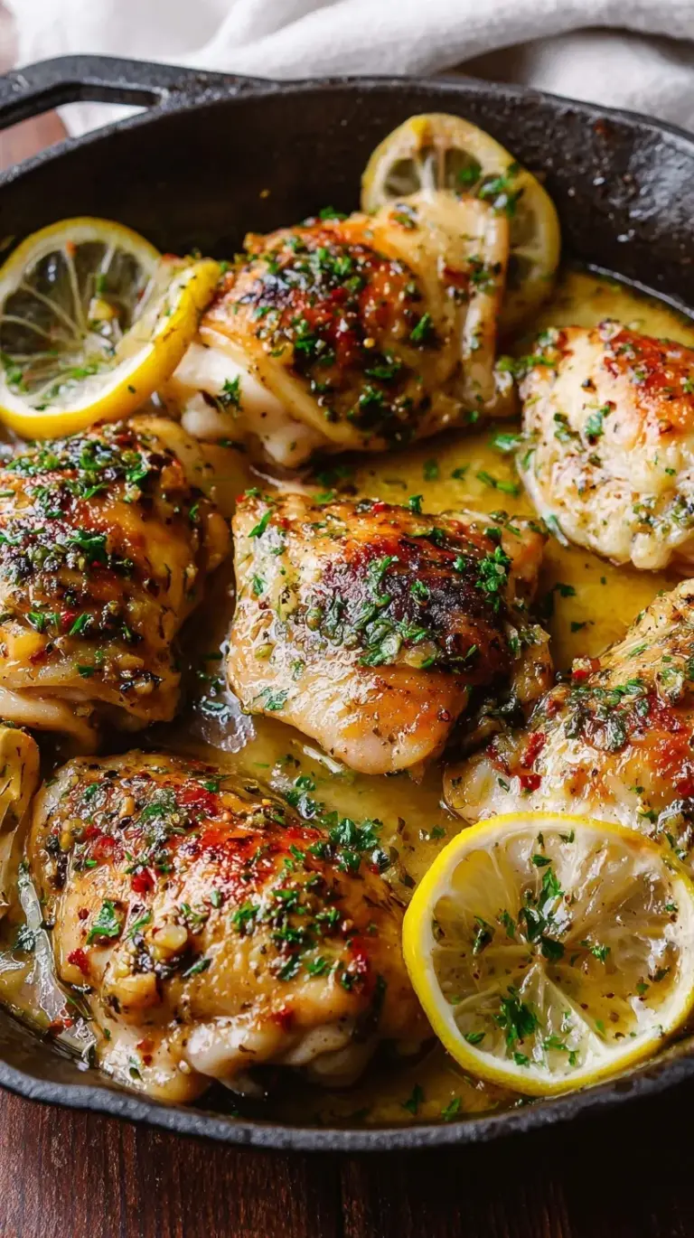 Golden brown roasted lemon garlic chicken thighs in a baking dish with lemon slices and fresh parsley