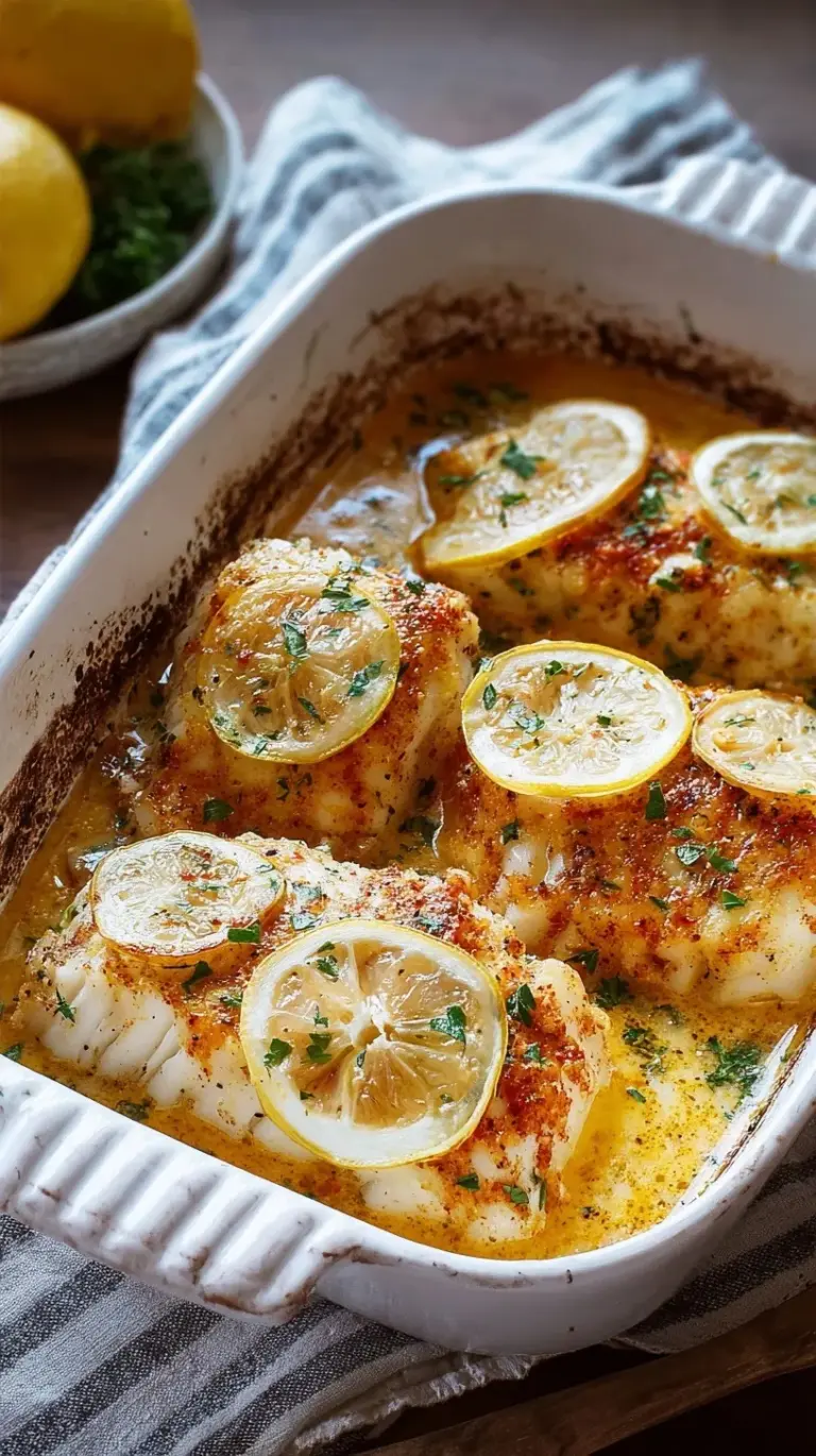 Flaky white cod fillets drizzled with lemon garlic butter and topped with fresh parsley