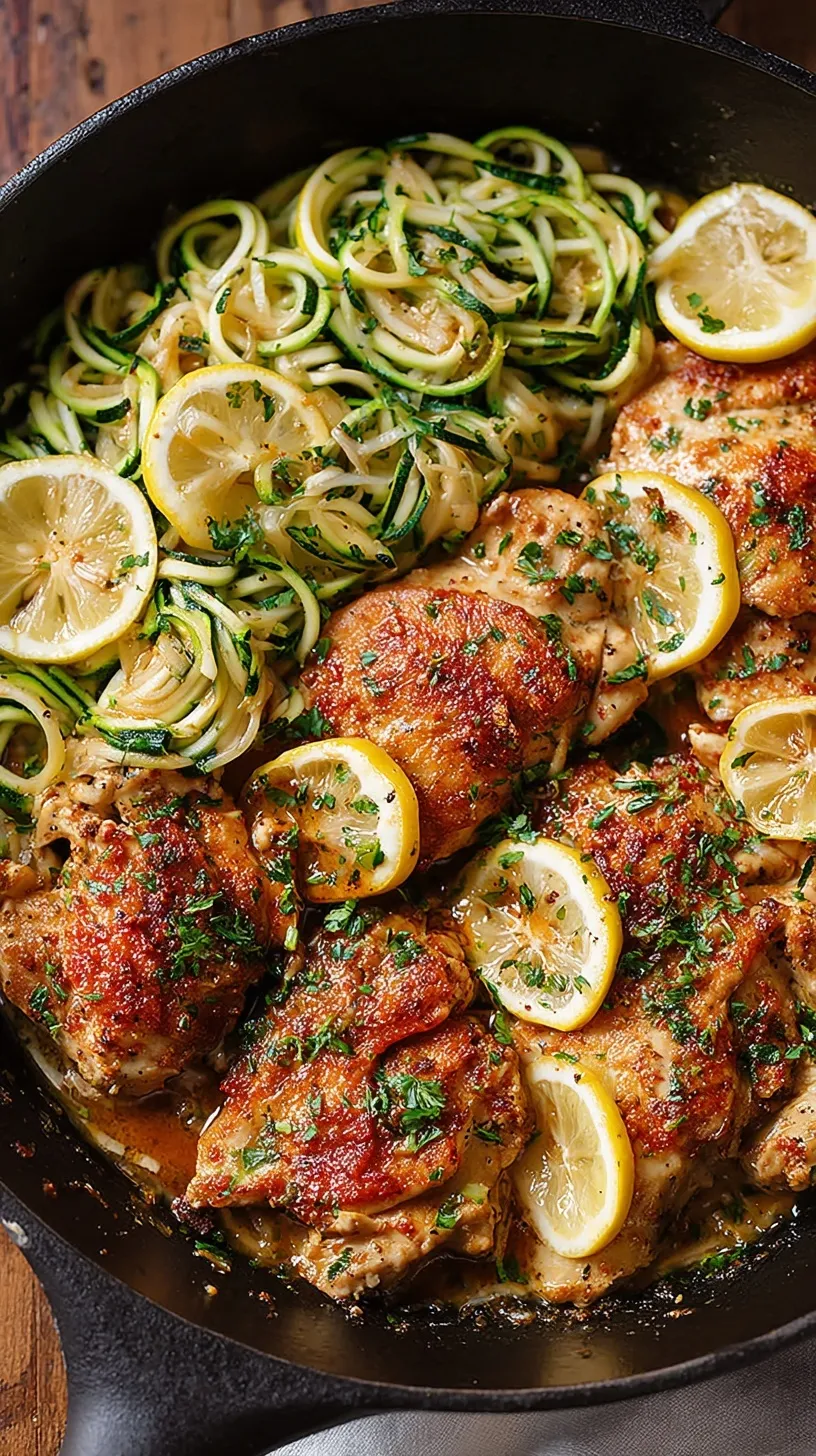A skillet filled with golden chicken pieces and green zucchini noodles in a lemon garlic butter sauce.