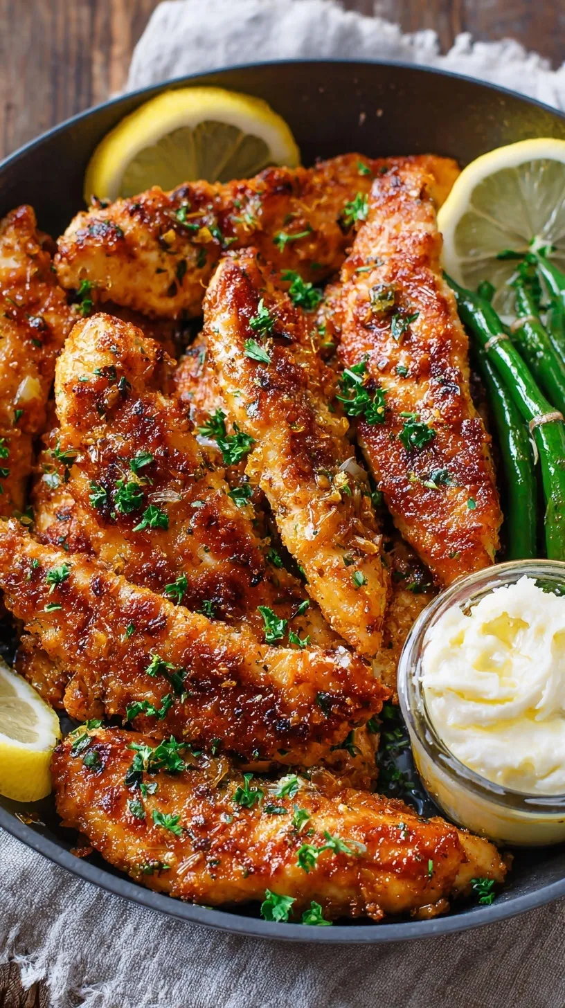 Golden brown pan-seared chicken tenders drizzled with a glossy lemon garlic butter sauce and fresh parsley