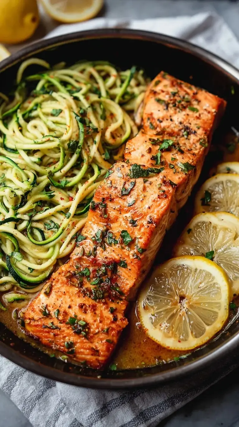 Pan-seared salmon fillet served over a bed of lemon garlic zucchini noodles in a shallow bowl