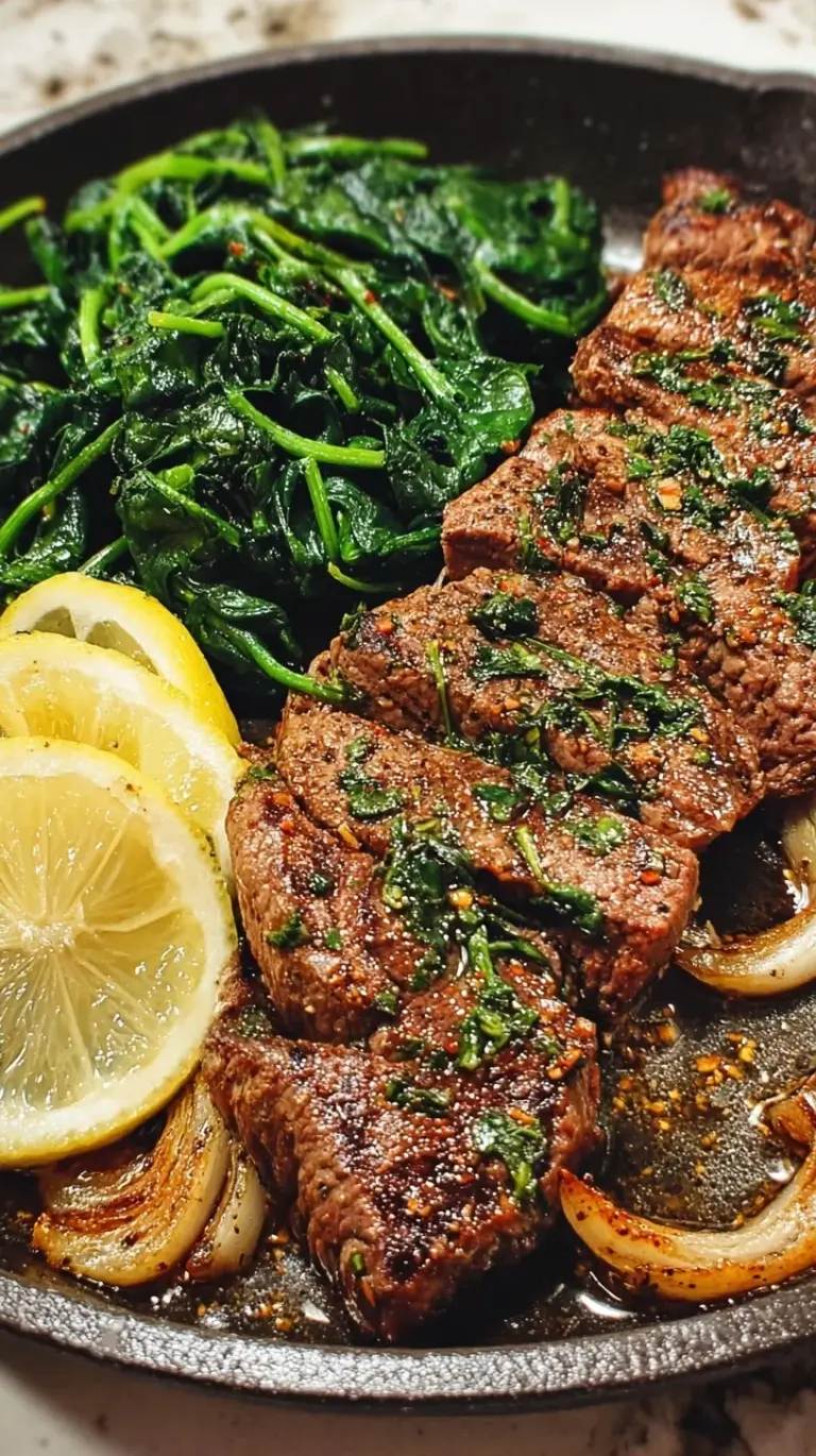 Pan-seared ribeye steak basted in garlic butter served with wilted spinach in a cast iron skillet