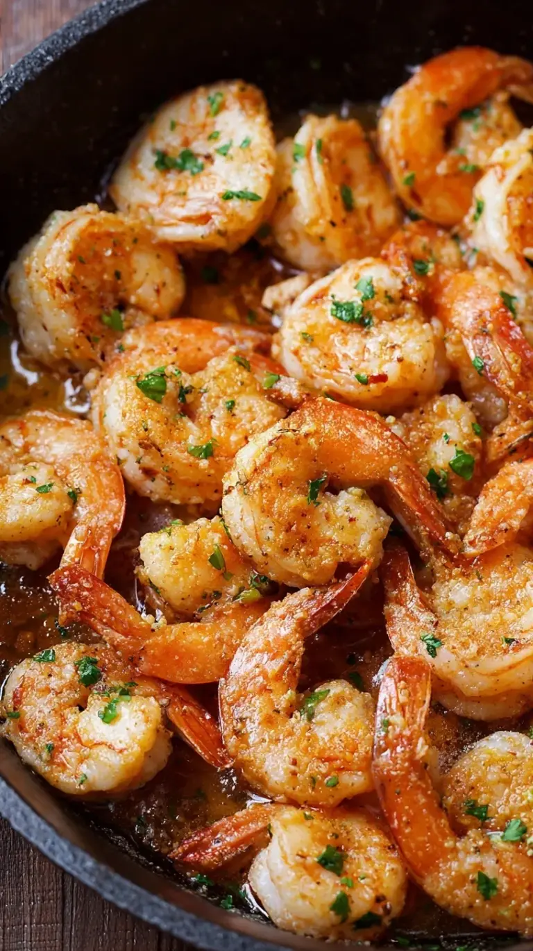 A skillet of sautéed lemon garlic shrimp with fresh parsley and lemon slices