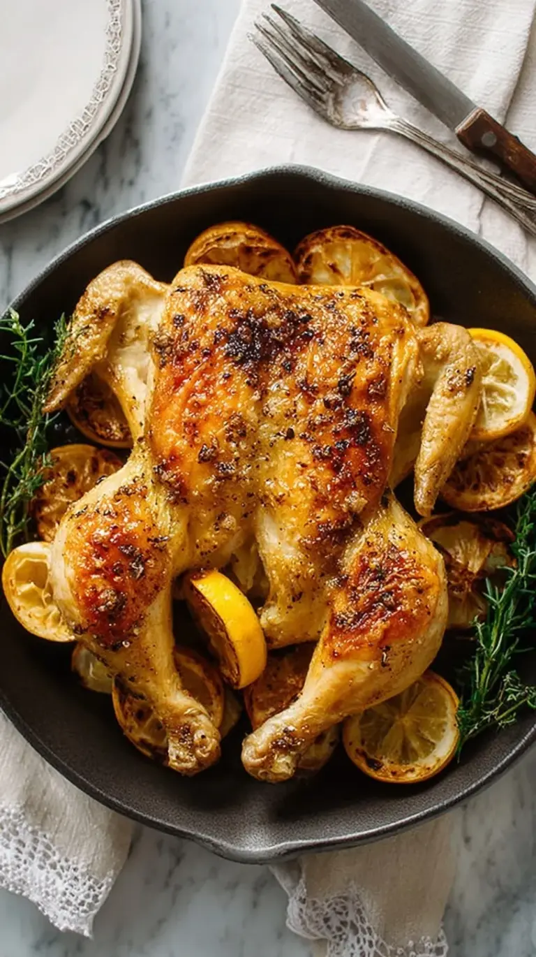 A golden-brown Lemon Garlic Spatchcock Chicken, perfectly roasted with crispy skin and fresh herbs, ready to be served.