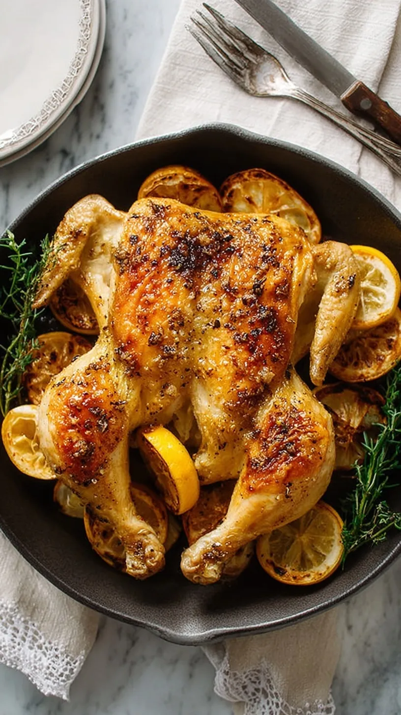A golden-brown Lemon Garlic Spatchcock Chicken, perfectly roasted with crispy skin and fresh herbs, ready to be served.