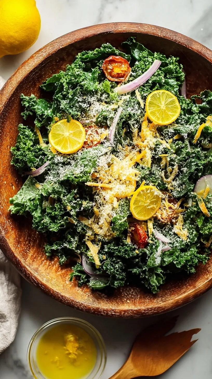 A bowl of bright green massaged kale salad with grated parmesan and pine nuts
