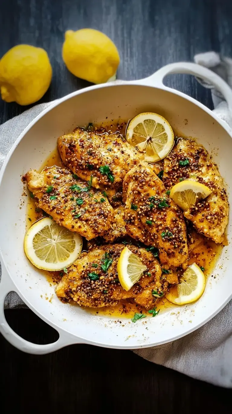 Golden brown lemon pepper chicken breasts with fresh lemon slices and herbs on a white plate.