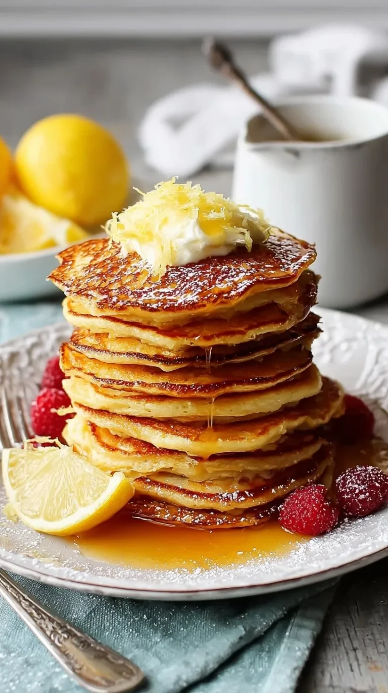Stack of fluffy lemon ricotta protein pancakes drizzled with honey and topped with fresh berries