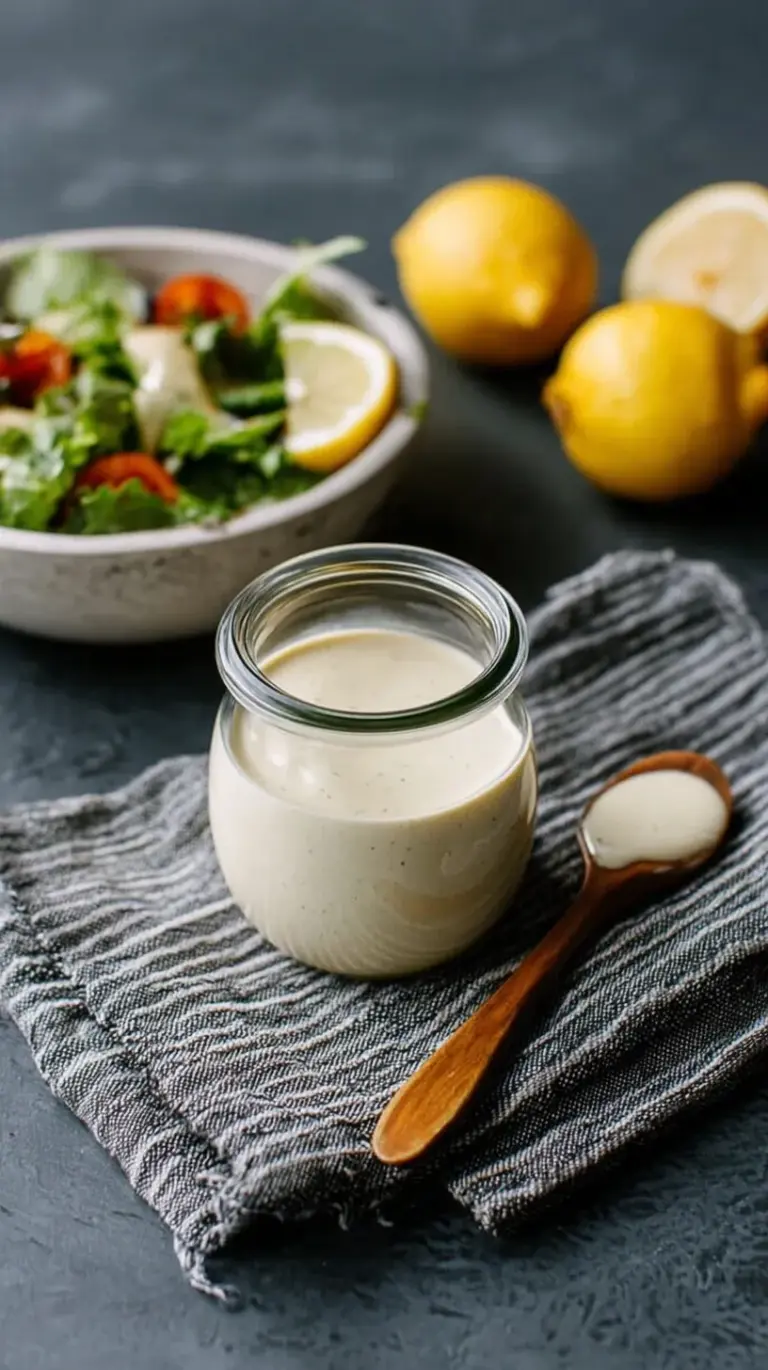 A jar of creamy lemon tahini dressing next to fresh lemons and a whisk.