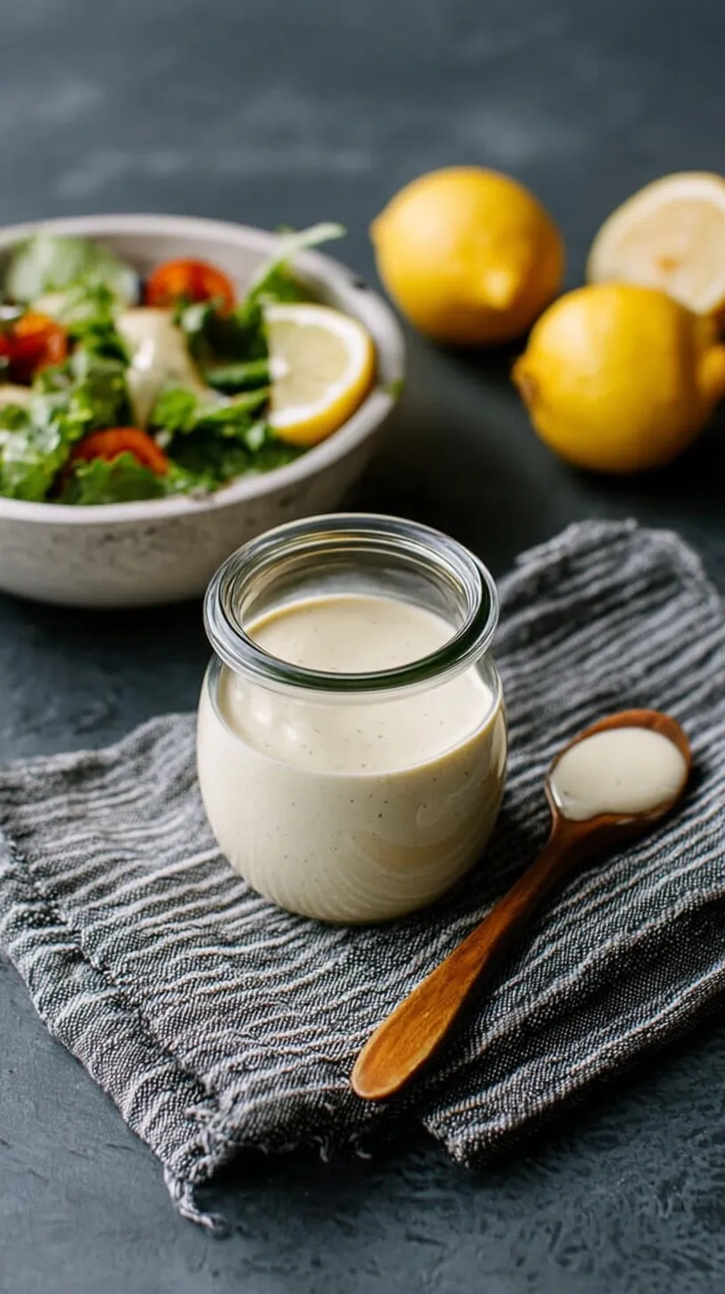 A jar of creamy lemon tahini dressing next to fresh lemons and a whisk.