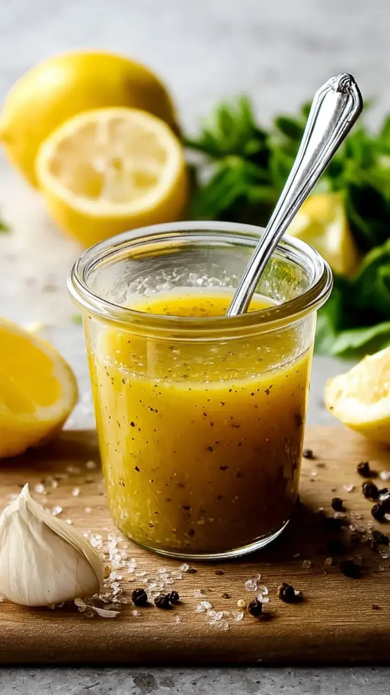 A golden bowl of fresh lemon vinaigrette with lemon slices and herbs, ready to dress a vibrant green salad.