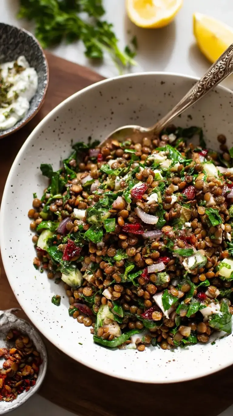 A bowl of French green lentil salad with diced cucumbers, red peppers, and crumbled feta cheese.