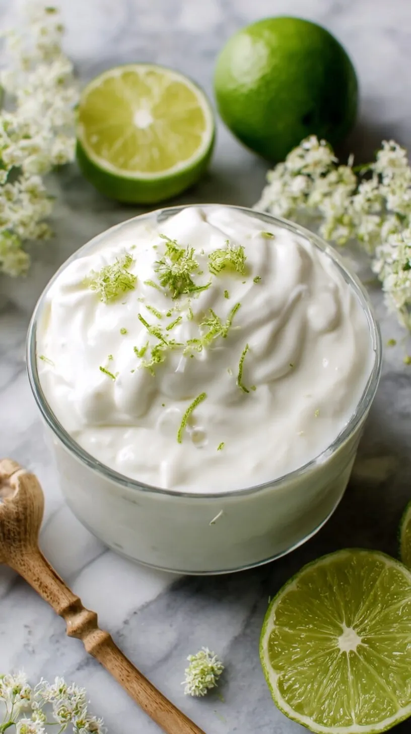 A small glass bowl of creamy lime crema with fresh lime zest and a lime wedge on the side.