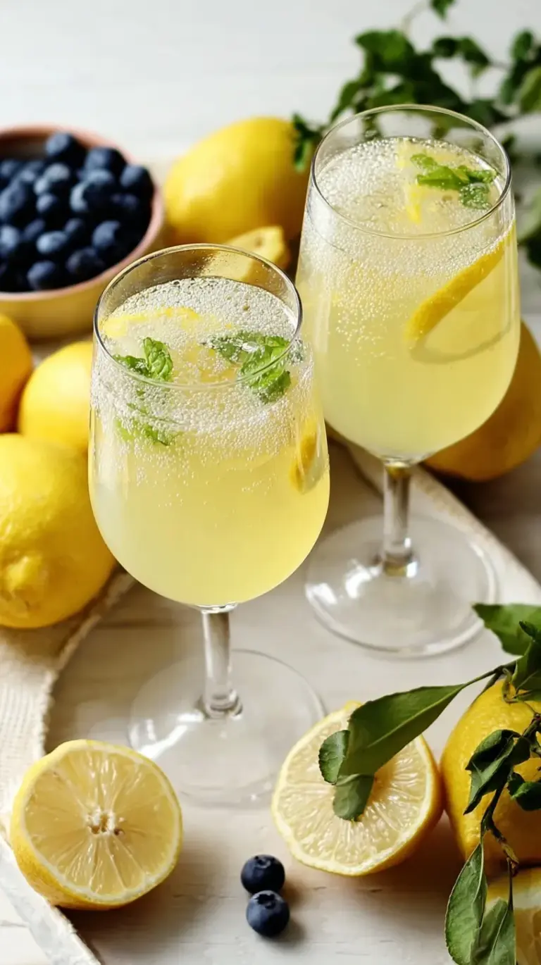 A chilled glass of Limoncello Prosecco garnished with fresh raspberries and mint on a sunny table