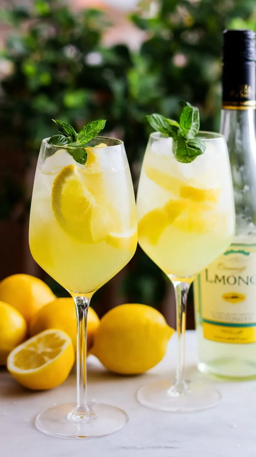 A vibrant Limoncello Spritz cocktail in a wine glass, garnished with fresh lemon slices and mint, on a sunny outdoor table.