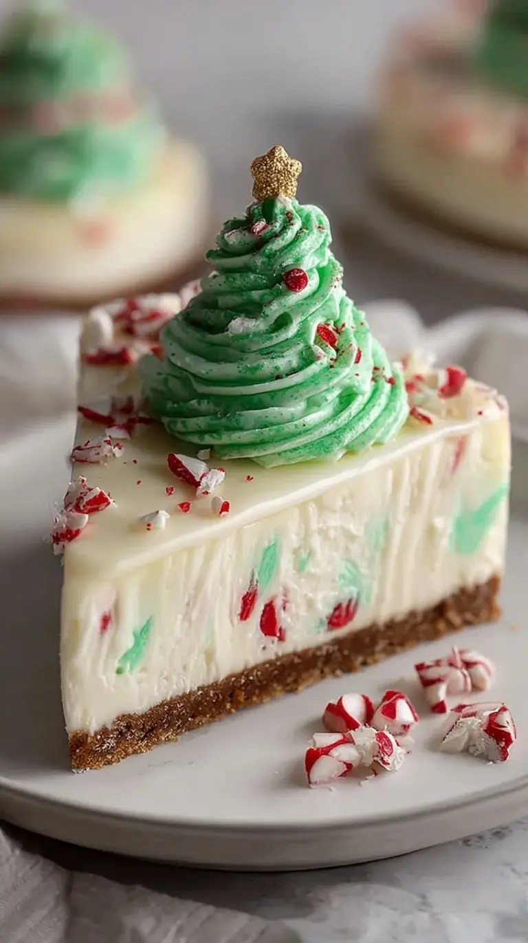 A creamy cheesecake filled with Little Debbie Christmas Tree Cakes and topped with white chocolate ganache.